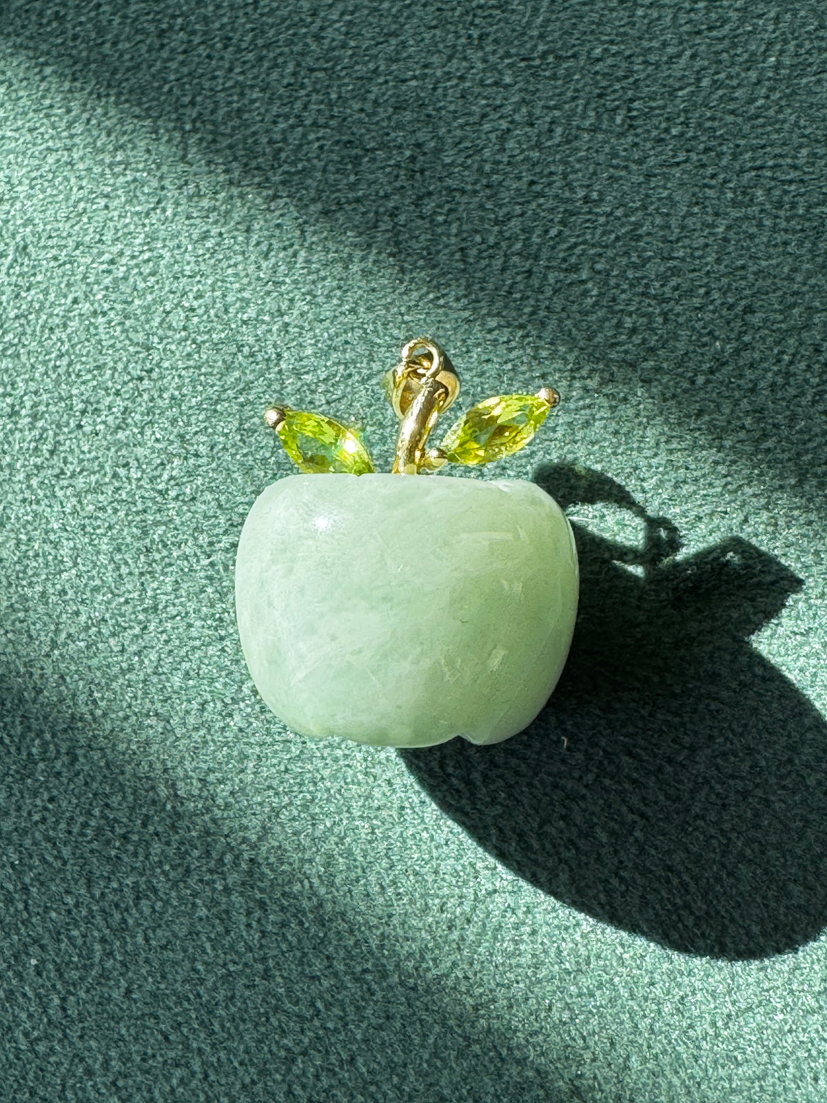 Carved Green Jade Apple Pendant 10K Gold Peridot Leaves Fruit Charm Garden Lover Gift