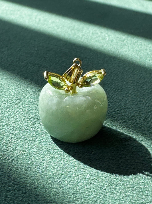Carved Green Jade Apple Pendant 10K Gold Peridot Leaves Fruit Charm Garden Lover Gift