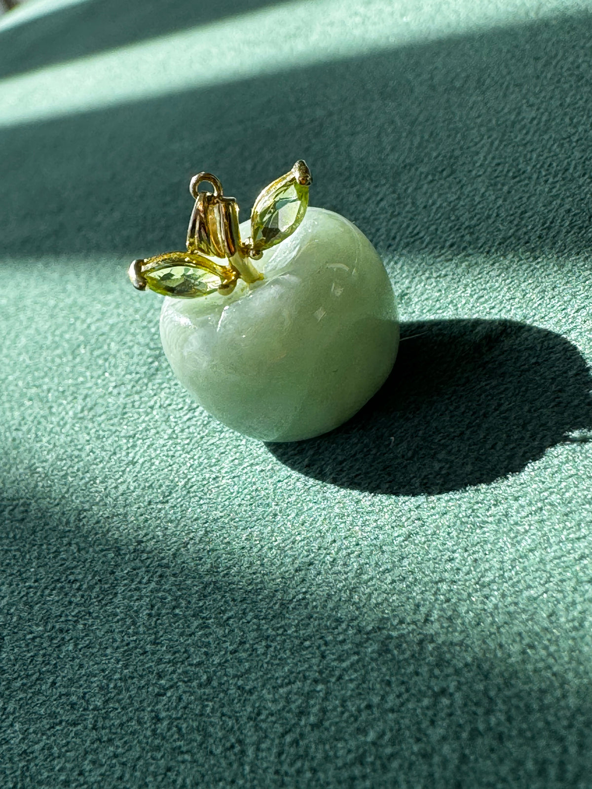 Carved Green Jade Apple Pendant 10K Gold Peridot Leaves Fruit Charm Garden Lover Gift