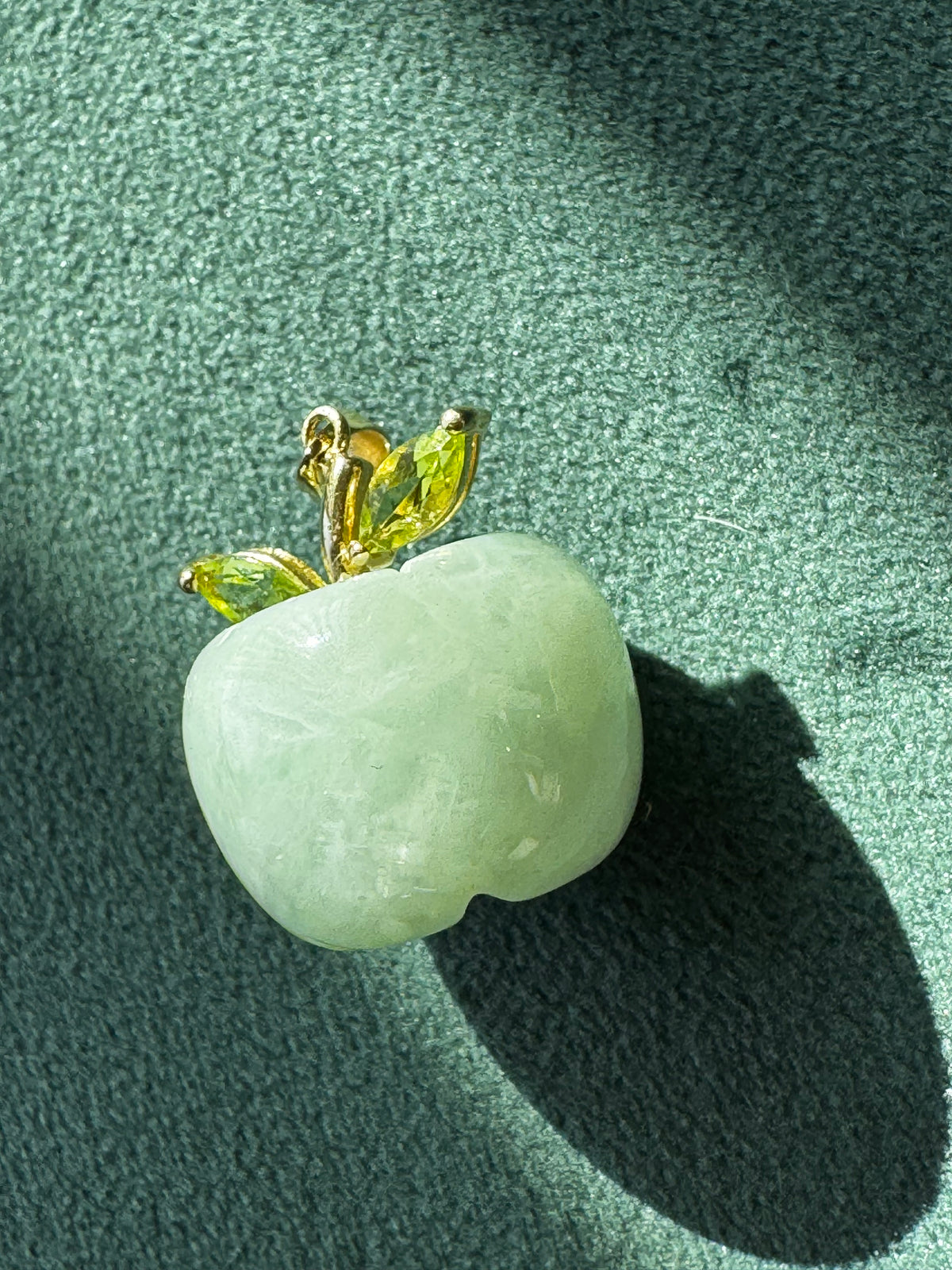 Carved Green Jade Apple Pendant 10K Gold Peridot Leaves Fruit Charm Garden Lover Gift