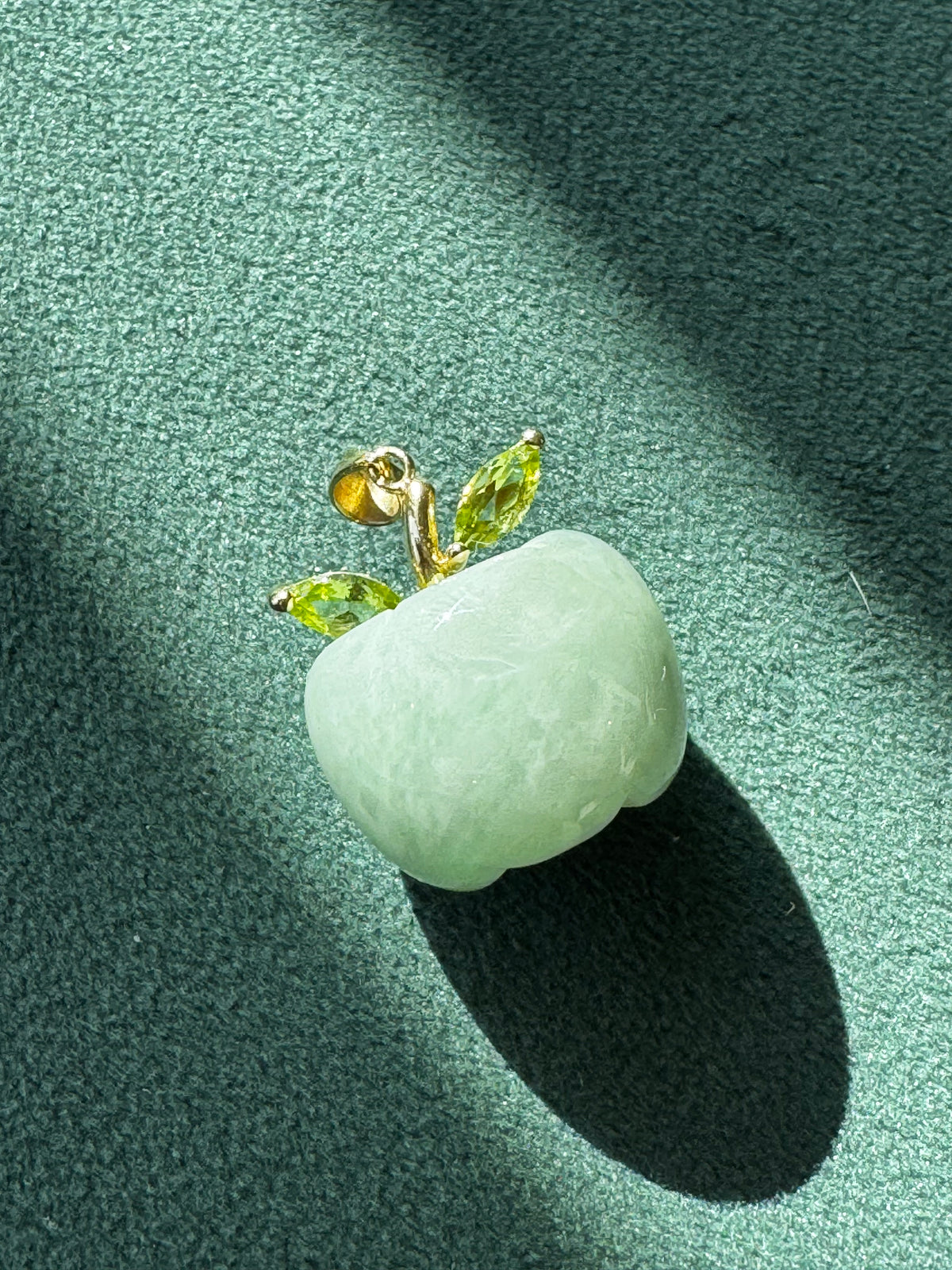 Carved Green Jade Apple Pendant 10K Gold Peridot Leaves Fruit Charm Garden Lover Gift