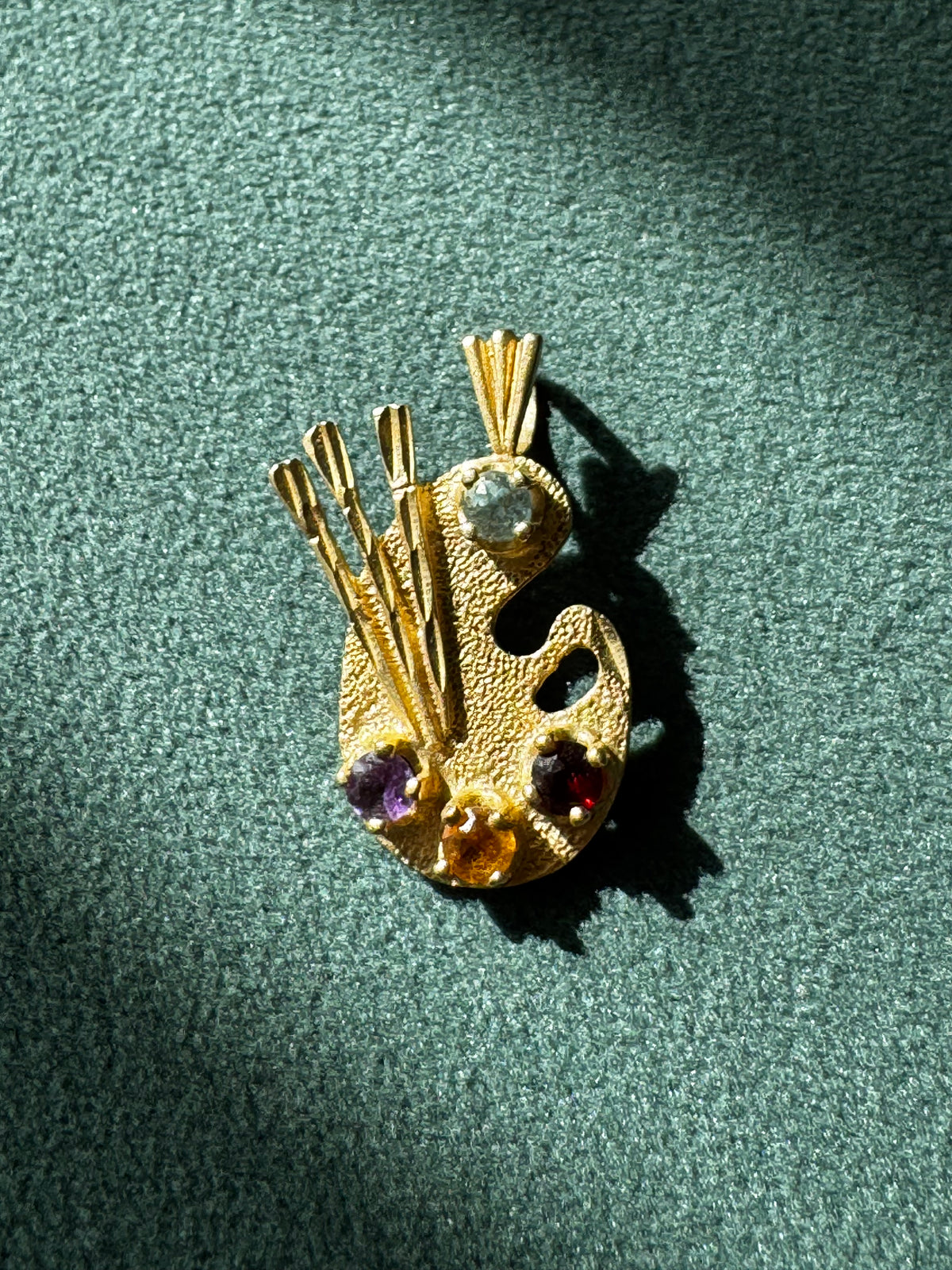 14K Yellow Gold Painter's Palette Pendant Charm Diamond Garnet Citrine Amethyst Four Gemstone Artist Jewelry