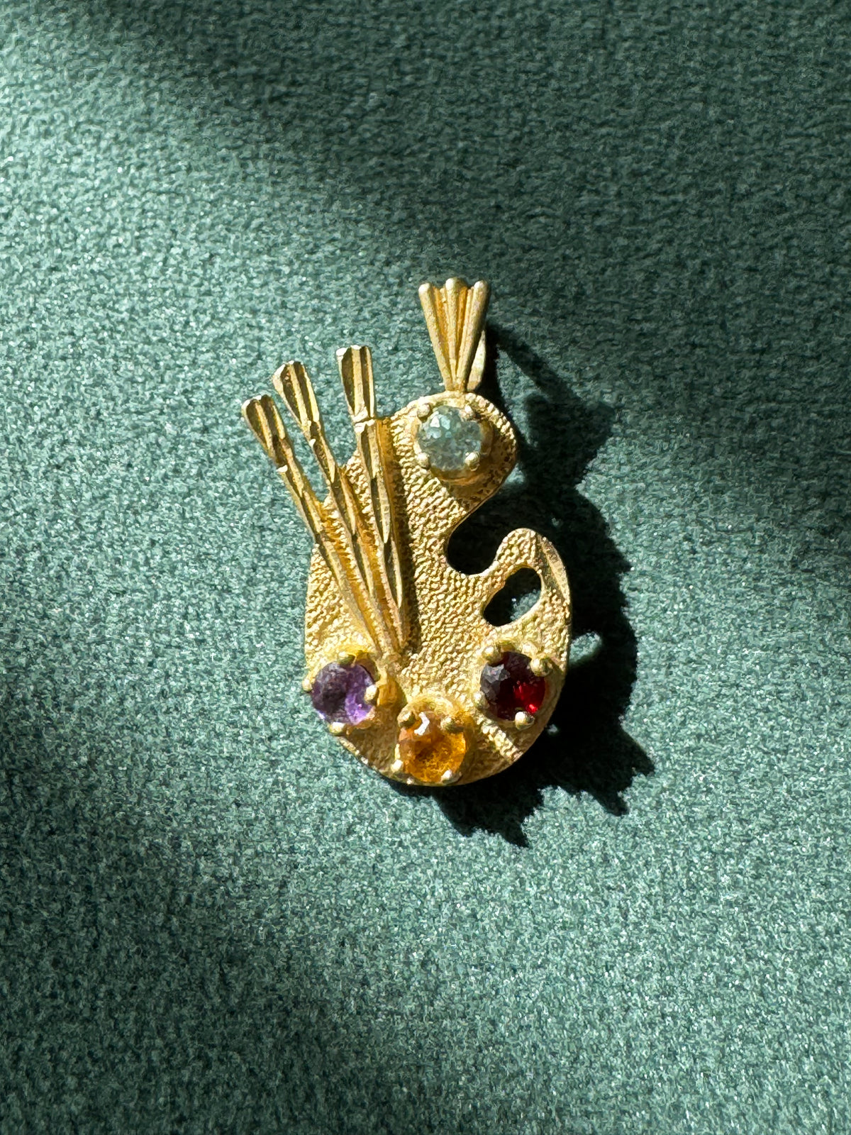 14K Yellow Gold Painter's Palette Pendant Charm Diamond Garnet Citrine Amethyst Four Gemstone Artist Jewelry