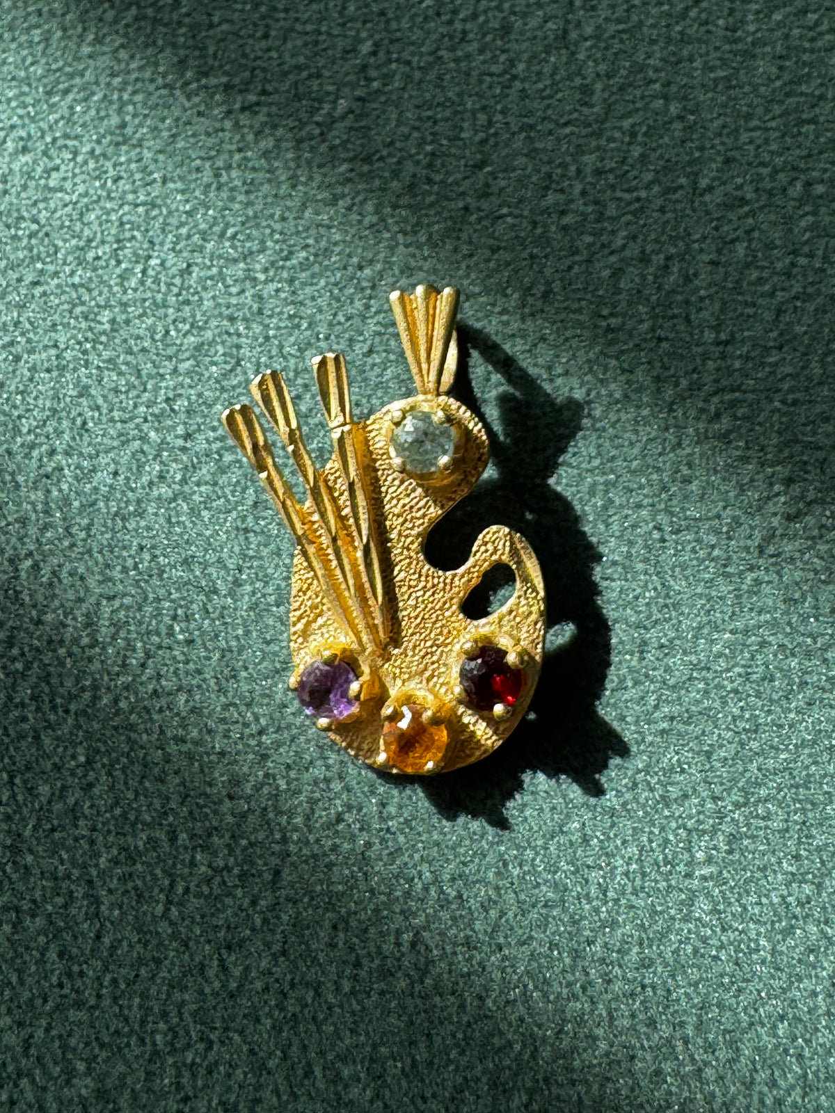 14K Yellow Gold Painter's Palette Pendant Charm Diamond Garnet Citrine Amethyst Four Gemstone Artist Jewelry