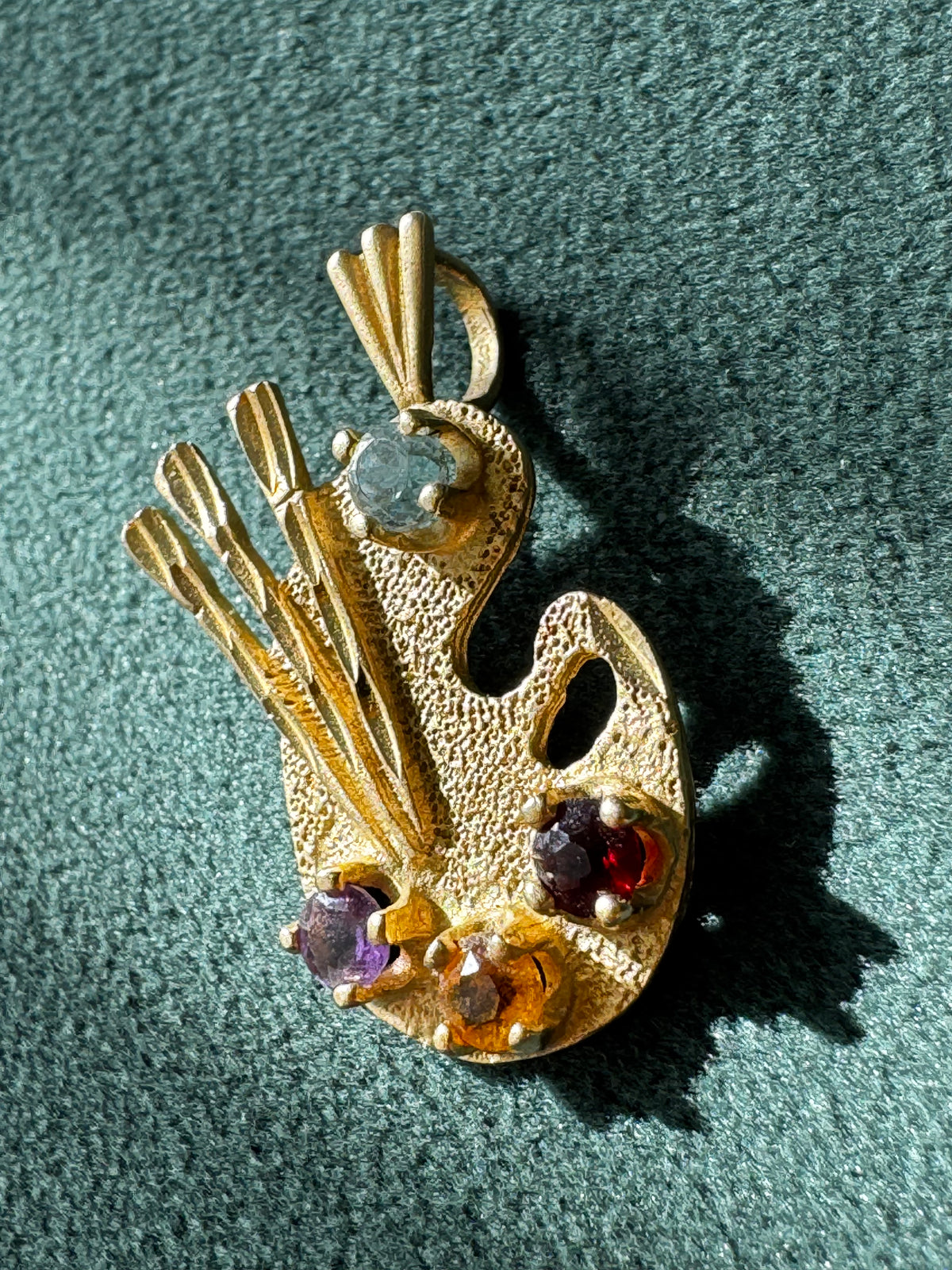 14K Yellow Gold Painter's Palette Pendant Charm Diamond Garnet Citrine Amethyst Four Gemstone Artist Jewelry