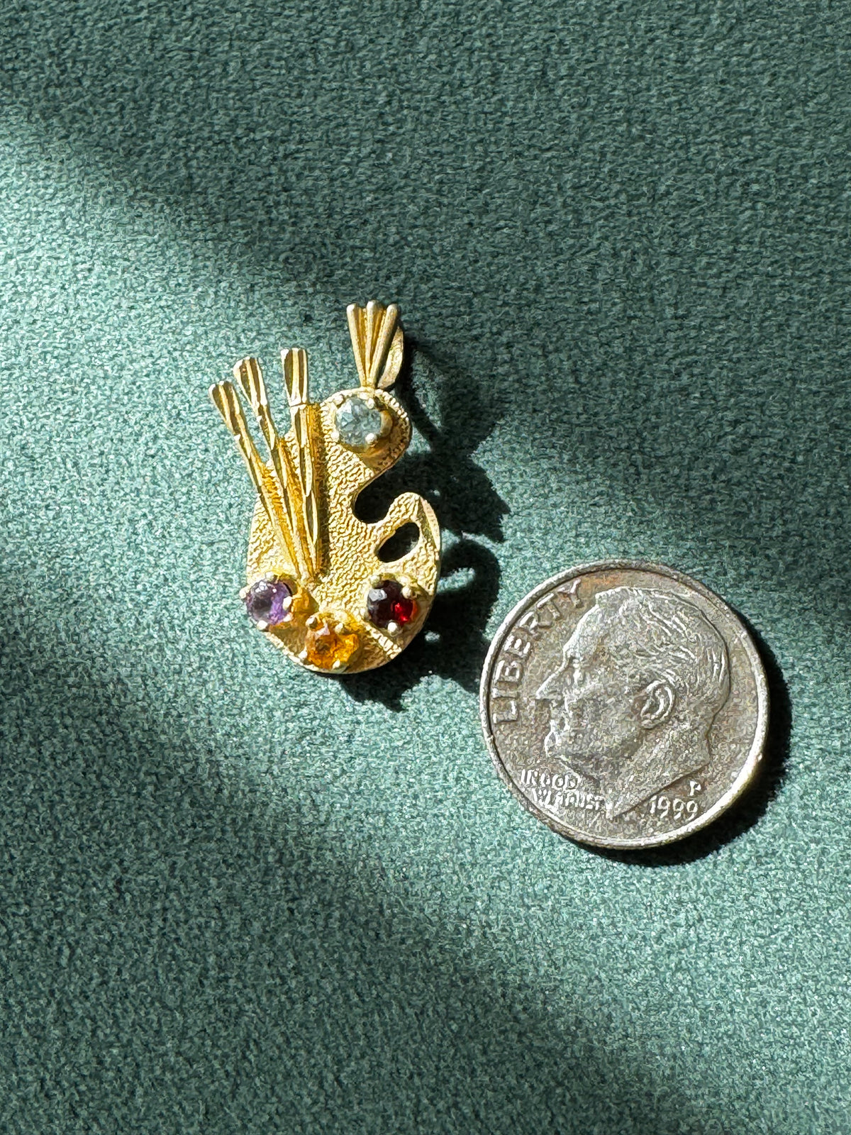14K Yellow Gold Painter's Palette Pendant Charm Diamond Garnet Citrine Amethyst Four Gemstone Artist Jewelry