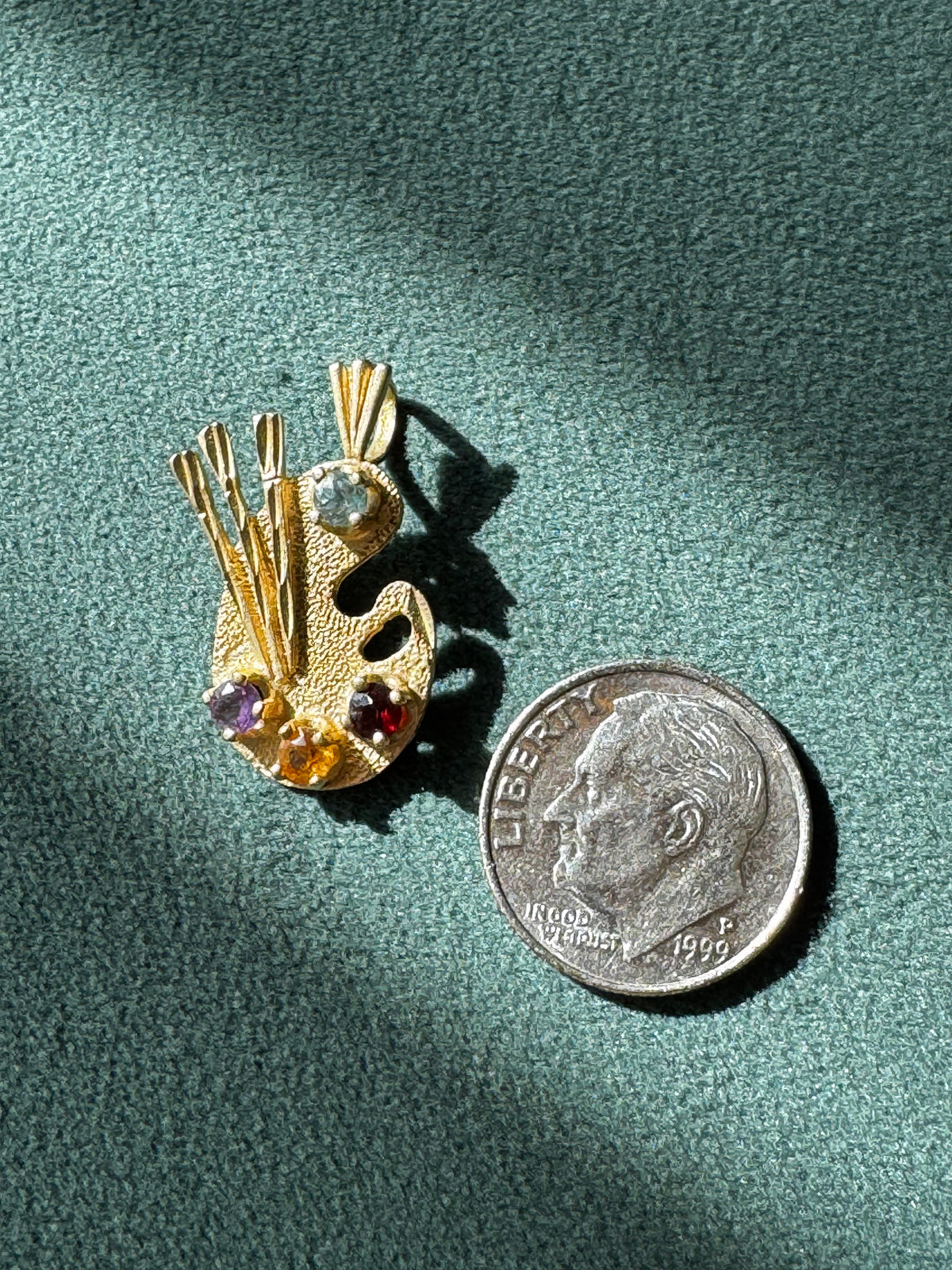 14K Yellow Gold Painter's Palette Pendant Charm Diamond Garnet Citrine Amethyst Four Gemstone Artist Jewelry