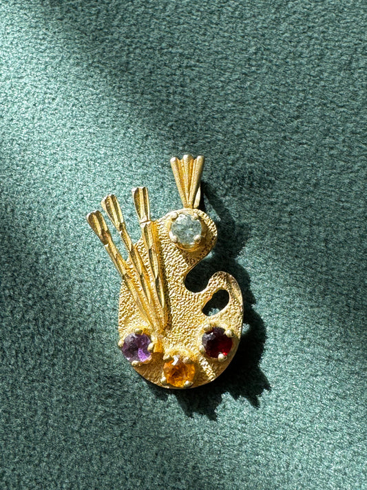 14K Yellow Gold Painter's Palette Pendant Charm Diamond Garnet Citrine Amethyst Four Gemstone Artist Jewelry