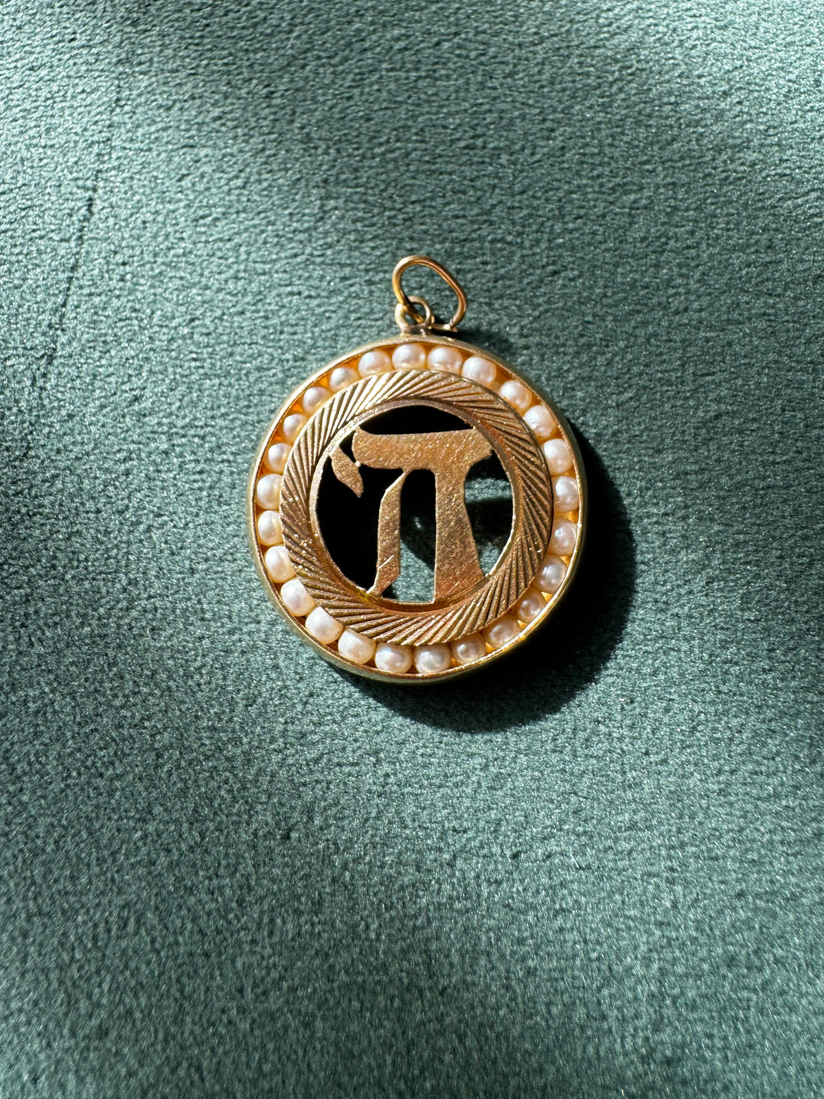 Vintage 1950s 14K Yellow Gold Chai Life Pendant Seed Pearl Frame Custom Judaica