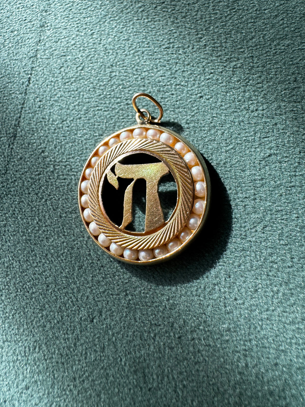 Vintage 1950s 14K Yellow Gold Chai Life Pendant Seed Pearl Frame Custom Judaica