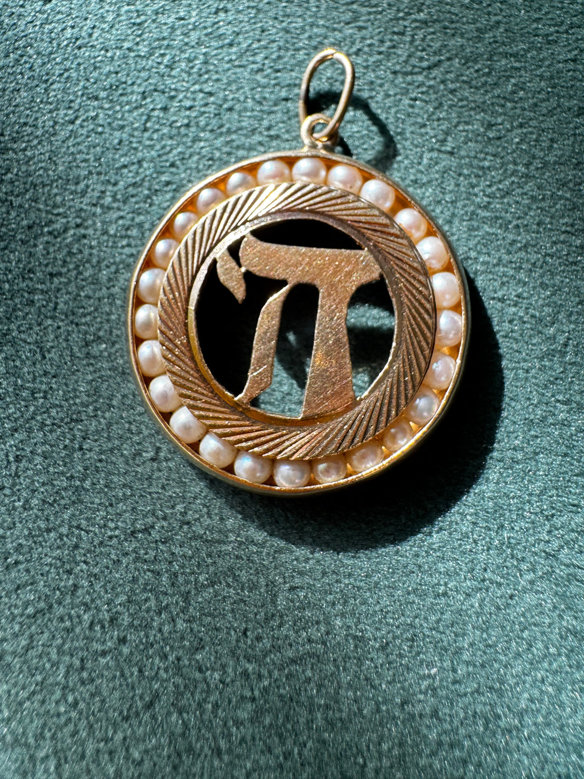 Vintage 1950s 14K Yellow Gold Chai Life Pendant Seed Pearl Frame Custom Judaica