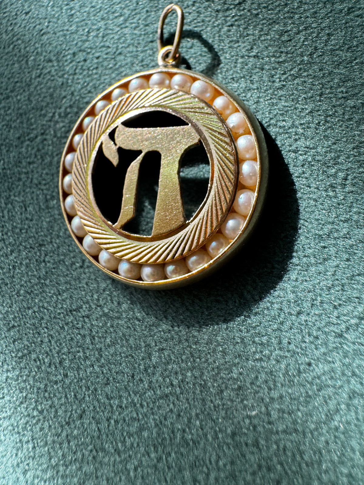 Vintage 1950s 14K Yellow Gold Chai Life Pendant Seed Pearl Frame Custom Judaica