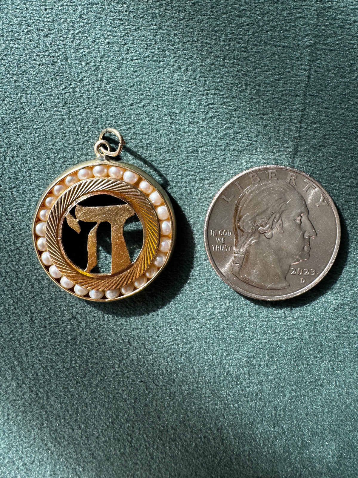 Vintage 1950s 14K Yellow Gold Chai Life Pendant Seed Pearl Frame Custom Judaica
