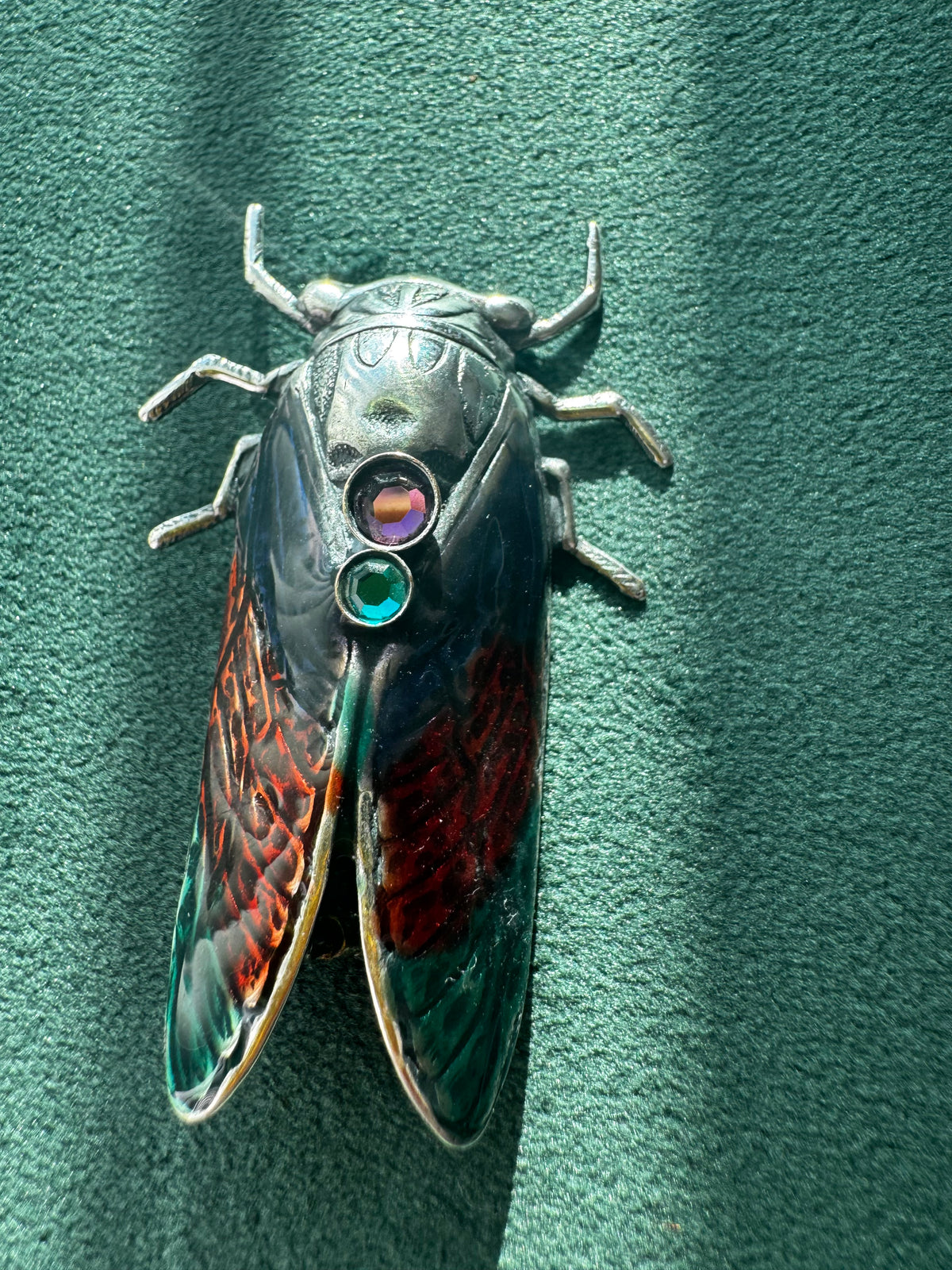 Vintage Cicada Brooch Figural Insect Pin Amethyst and Green Rhinestone Accents Bug Jewelry