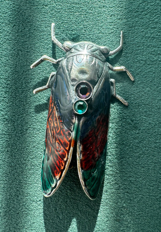 Vintage Cicada Brooch Figural Insect Pin Amethyst and Green Rhinestone Accents Bug Jewelry