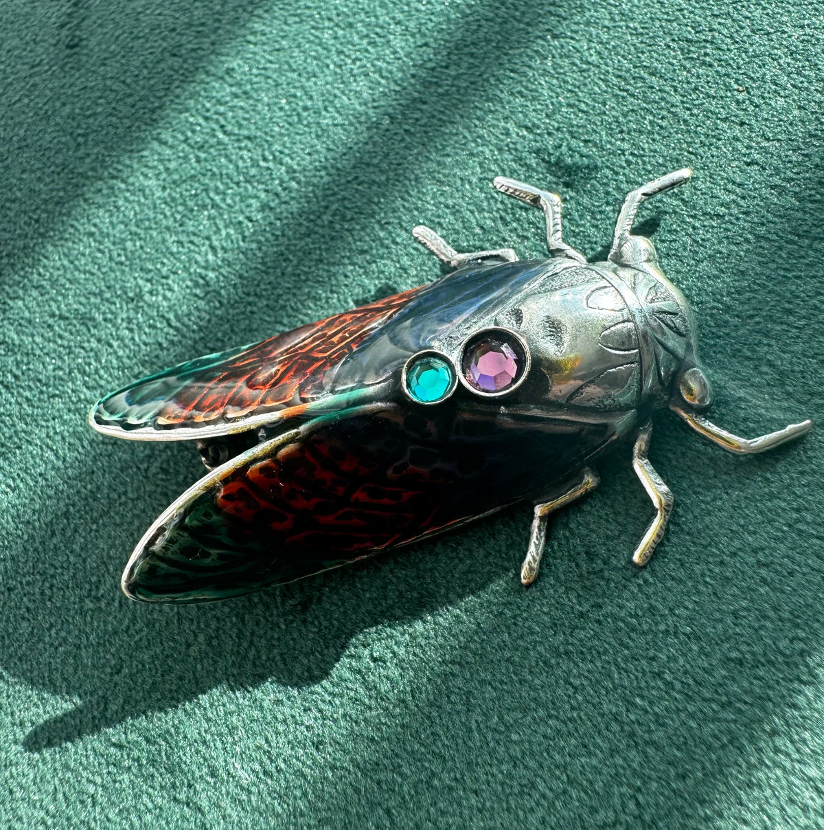Vintage Cicada Brooch Figural Insect Pin Amethyst and Green Rhinestone Accents Bug Jewelry