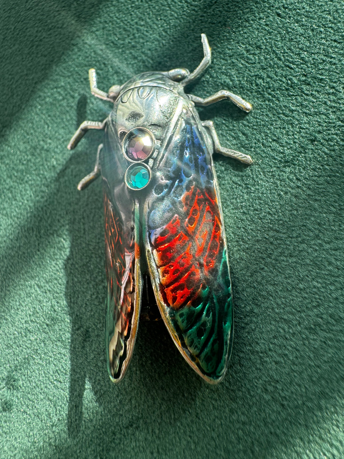 Vintage Cicada Brooch Figural Insect Pin Amethyst and Green Rhinestone Accents Bug Jewelry