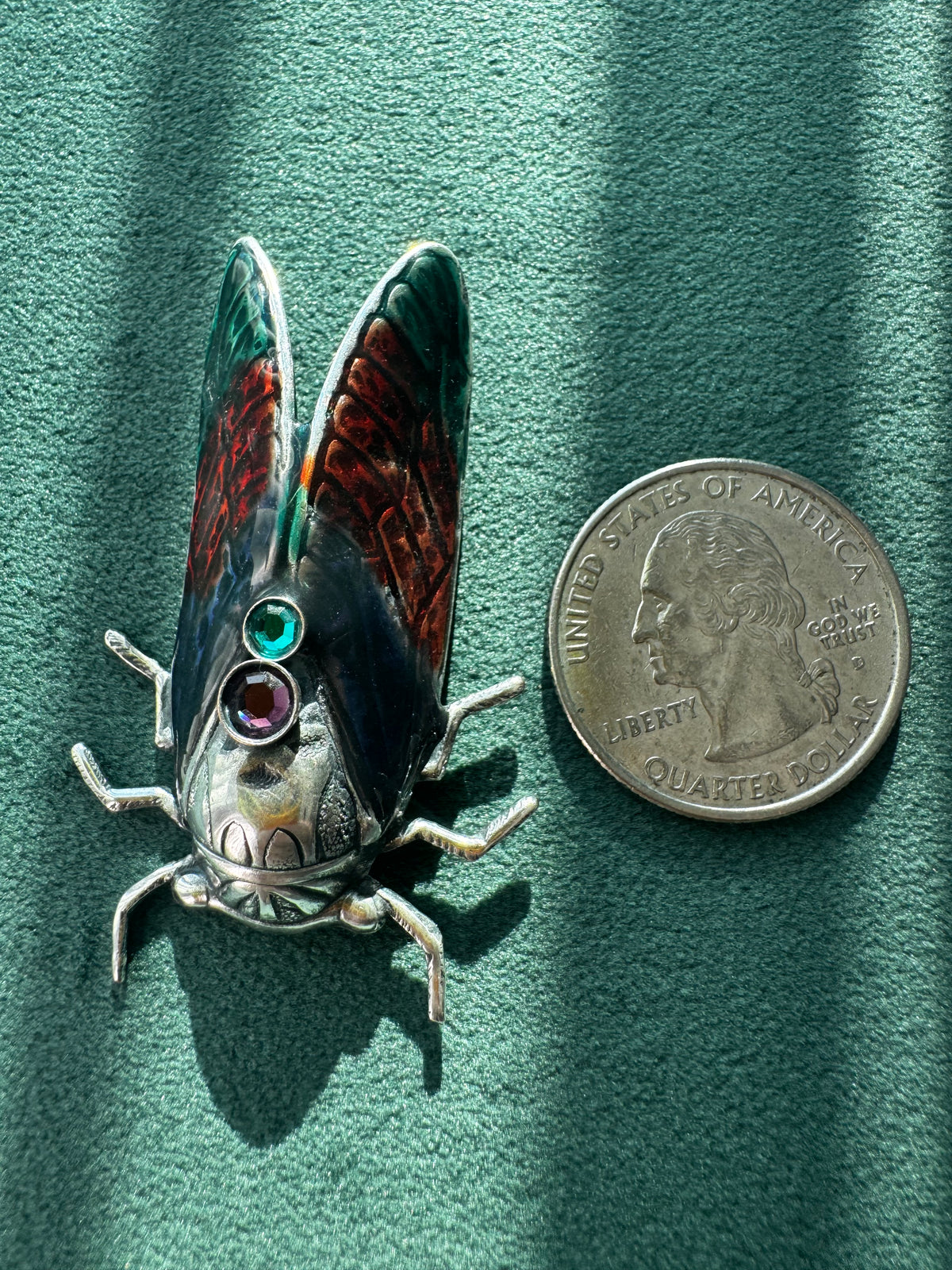 Vintage Cicada Brooch Figural Insect Pin Amethyst and Green Rhinestone Accents Bug Jewelry