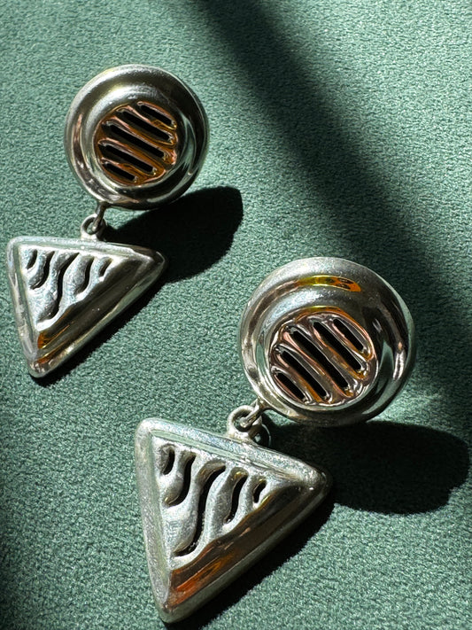 Vintage Taxco Sterling Silver Earrings Circle and Triangle Cutwork Dangle TJ-10 925
