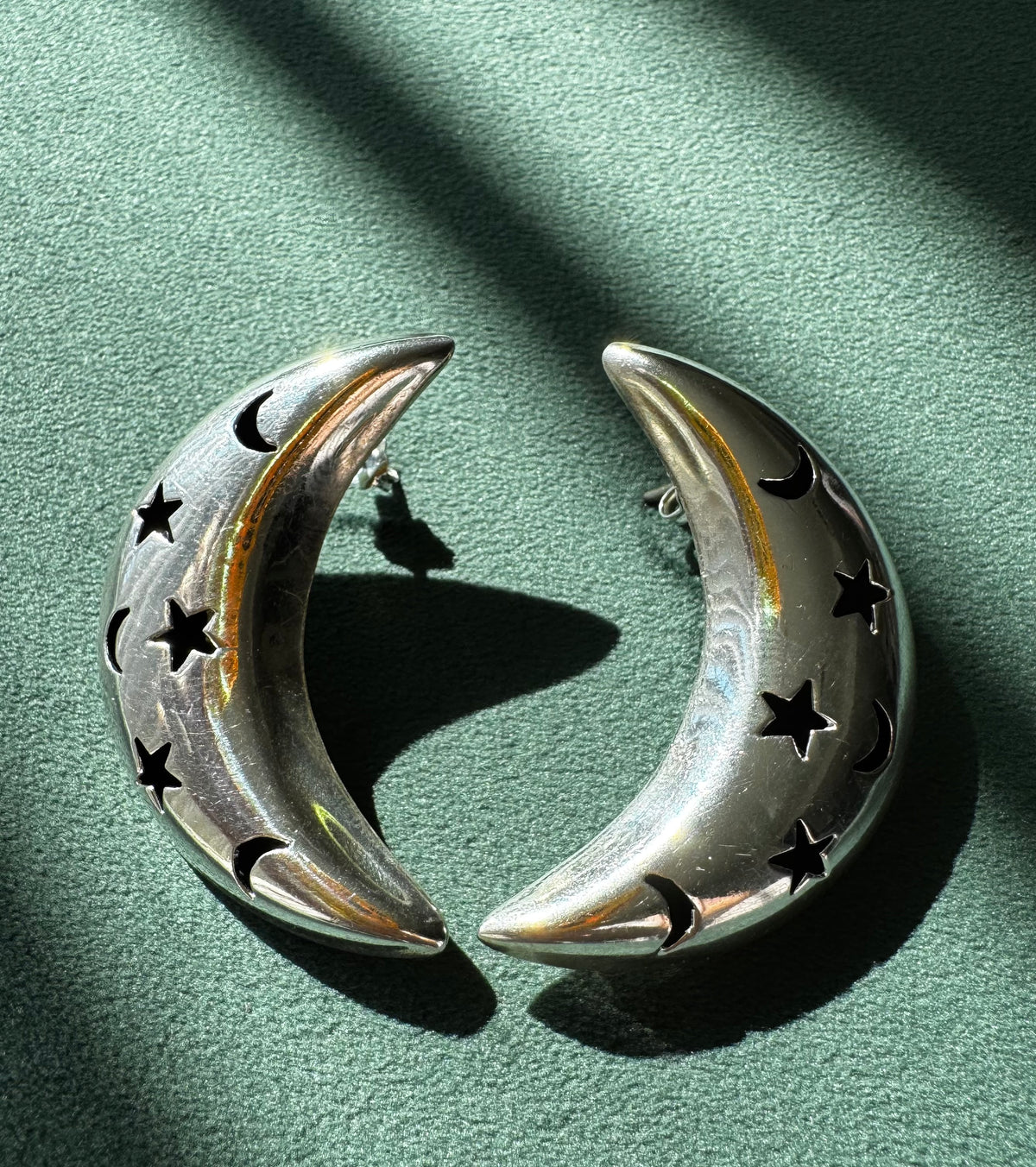 Vintage Mexico Sterling Silver Crescent Moon Earrings Y2K Stars and Moons Cutout