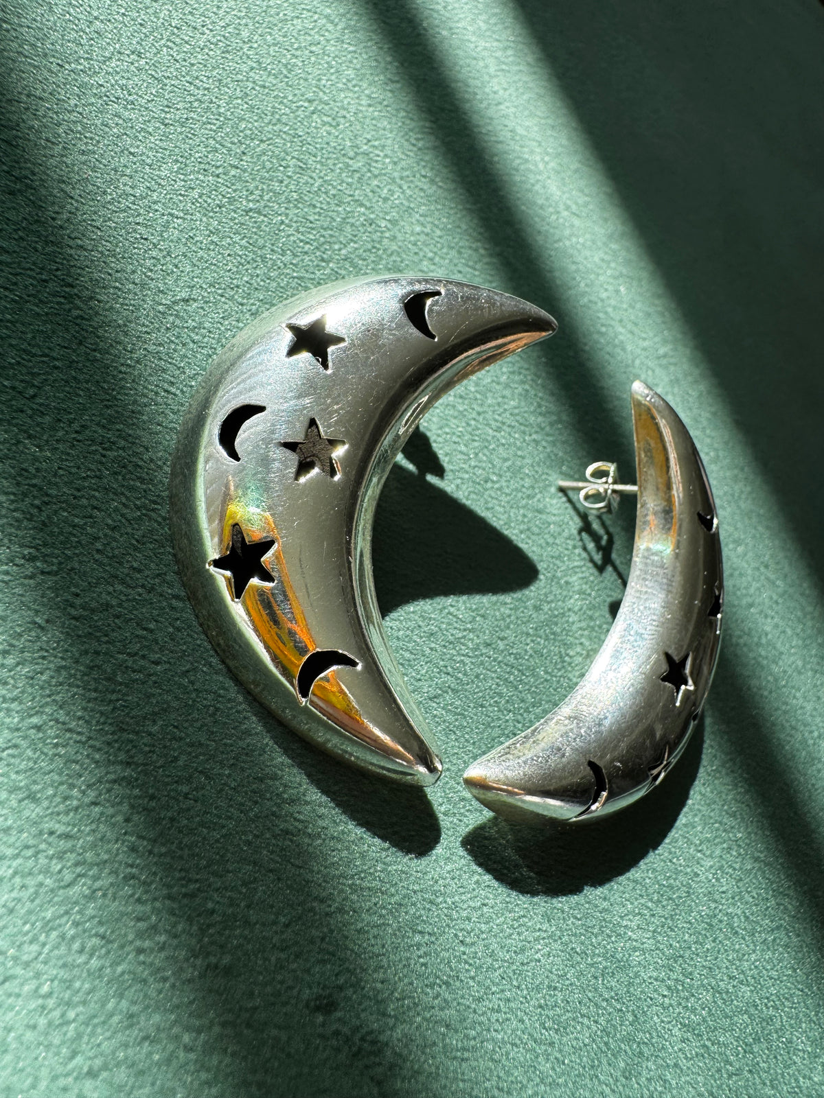 Vintage Mexico Sterling Silver Crescent Moon Earrings Y2K Stars and Moons Cutout