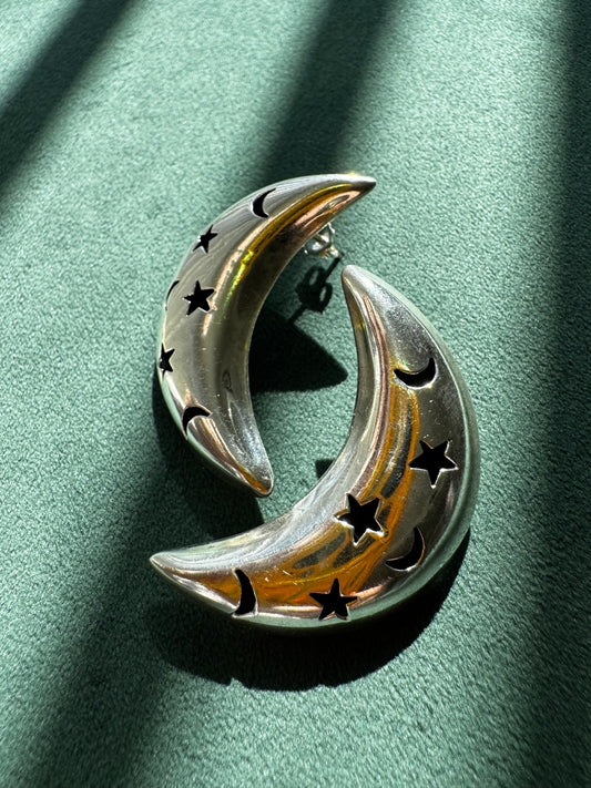 Vintage Mexico Sterling Silver Crescent Moon Earrings Y2K Stars and Moons Cutout
