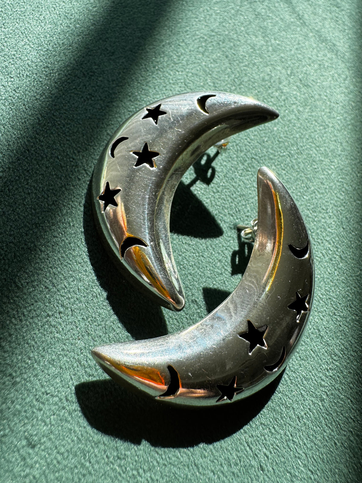 Vintage Mexico Sterling Silver Crescent Moon Earrings Y2K Stars and Moons Cutout