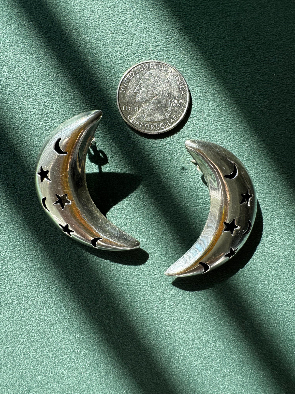 Vintage Mexico Sterling Silver Crescent Moon Earrings Y2K Stars and Moons Cutout