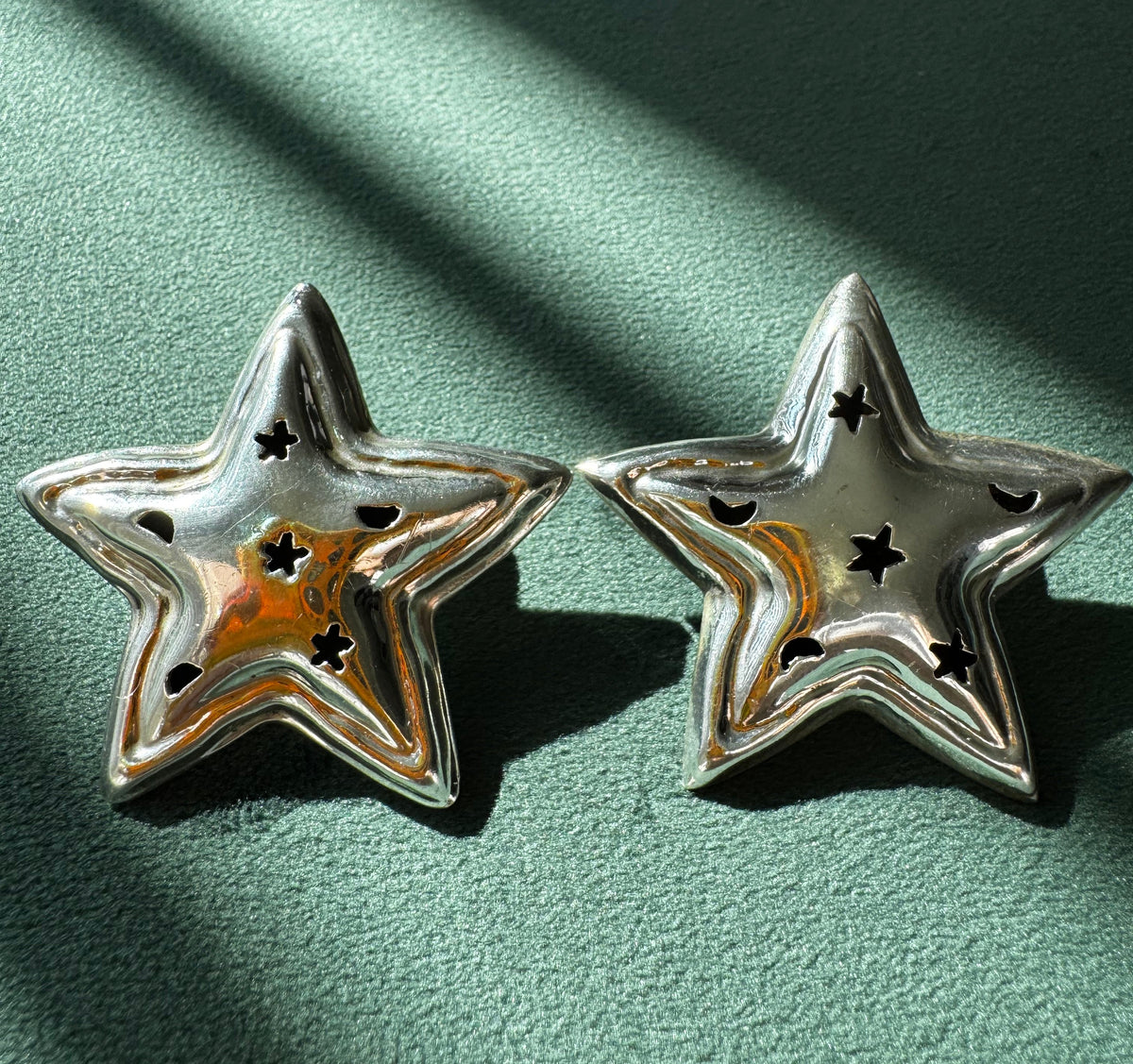 Vintage Mexico Sterling Silver Puffy Star Earrings Y2K Stars and Moons Cutout