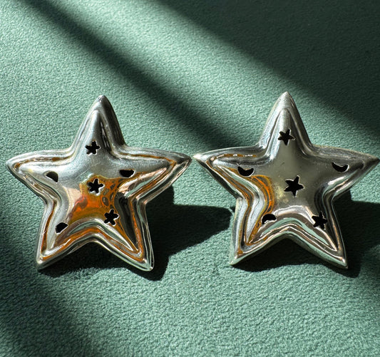 Vintage Mexico Sterling Silver Puffy Star Earrings Y2K Stars and Moons Cutout