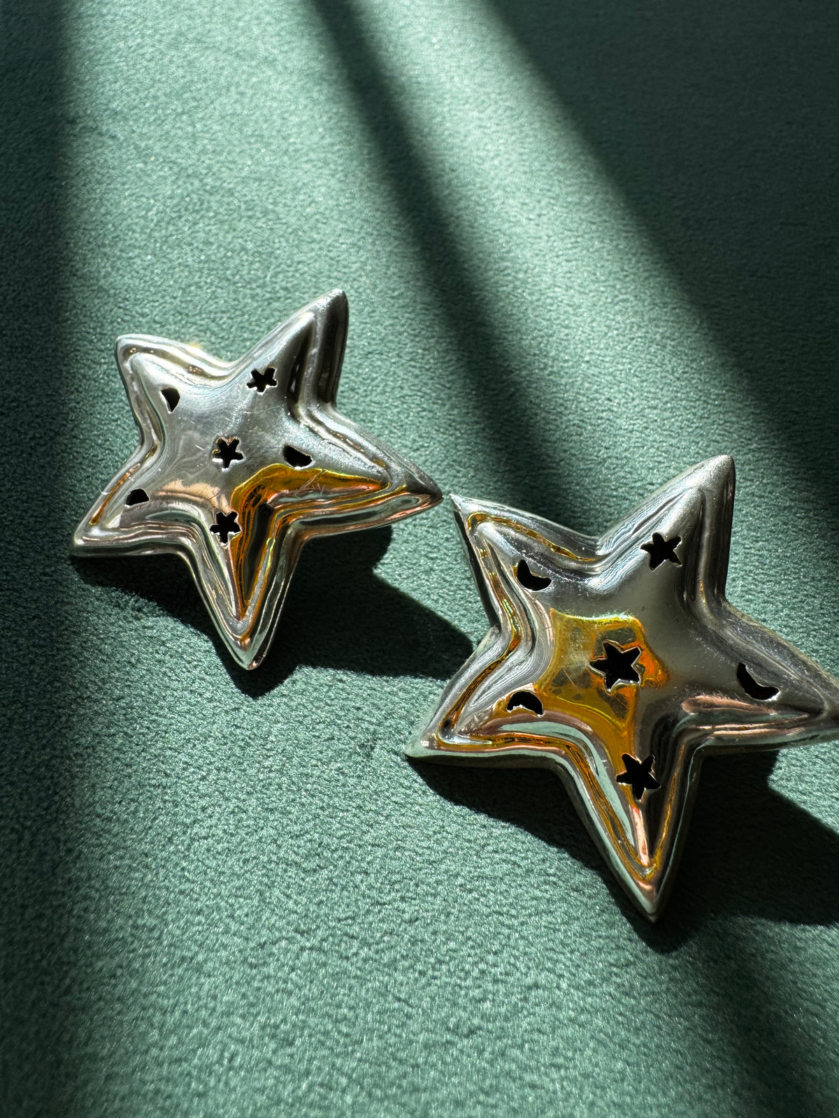 Vintage Mexico Sterling Silver Puffy Star Earrings Y2K Stars and Moons Cutout