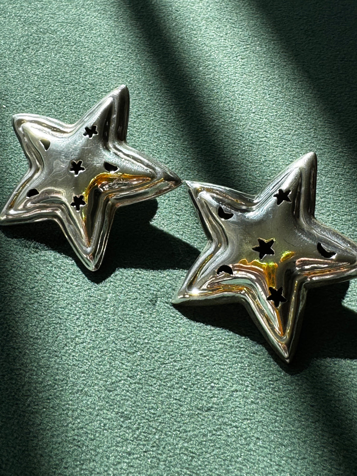 Vintage Mexico Sterling Silver Puffy Star Earrings Y2K Stars and Moons Cutout