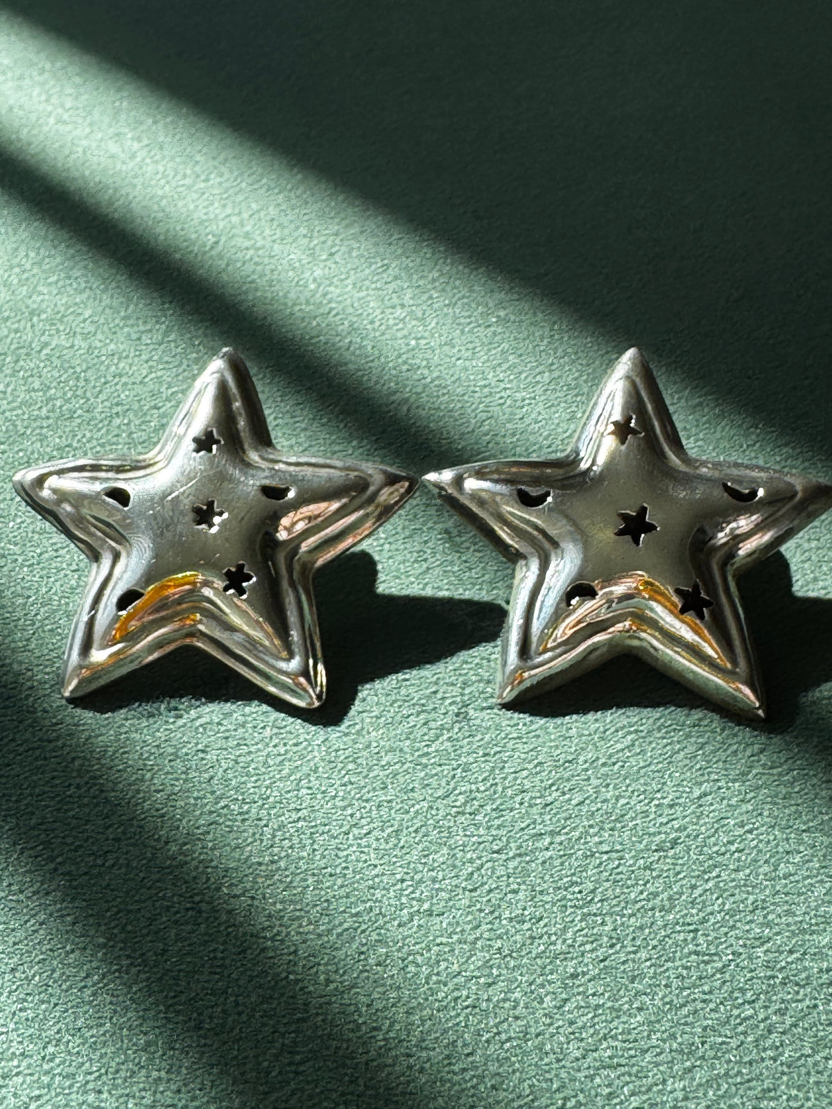 Vintage Mexico Sterling Silver Puffy Star Earrings Y2K Stars and Moons Cutout