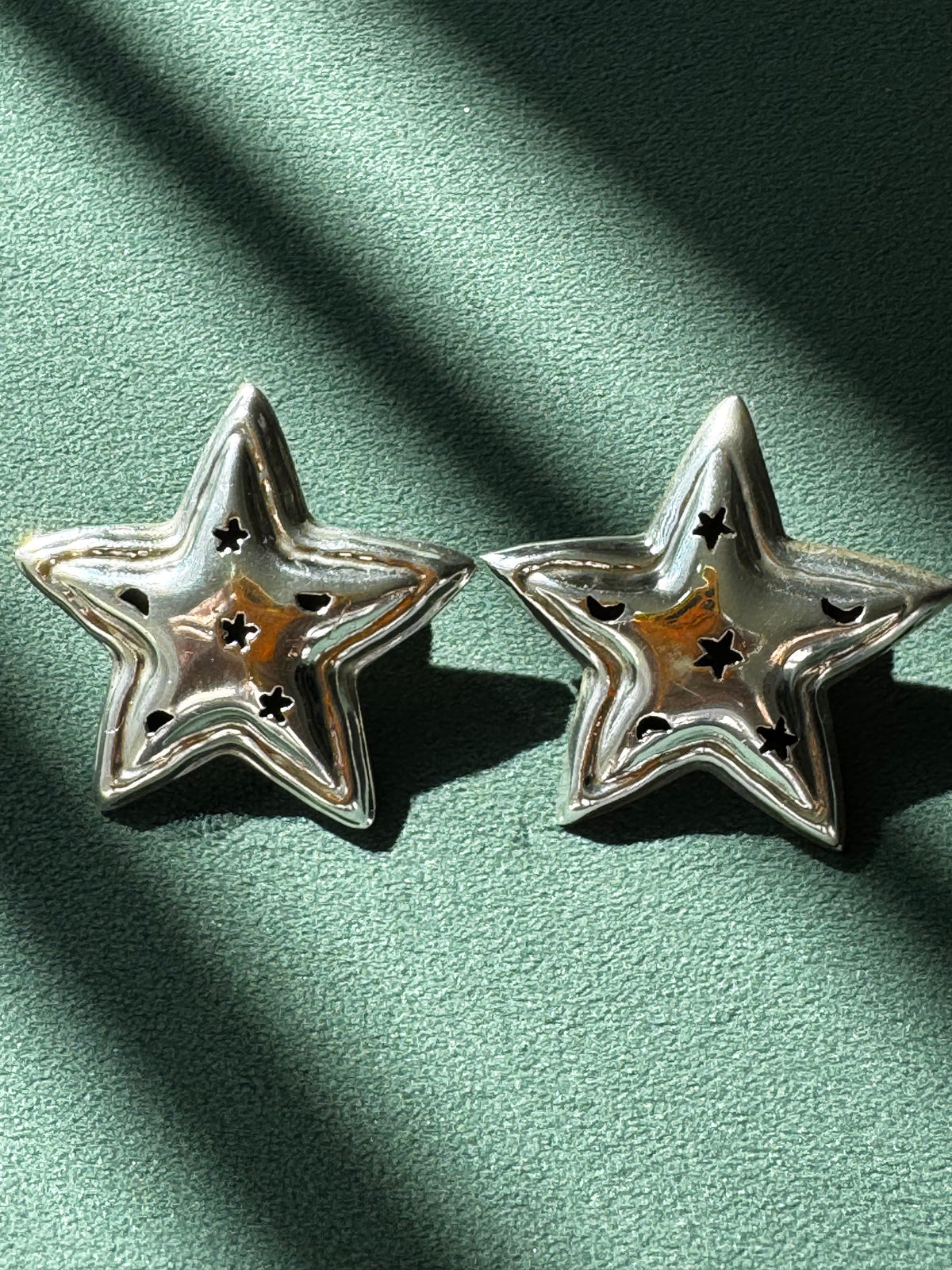 Vintage Mexico Sterling Silver Puffy Star Earrings Y2K Stars and Moons Cutout