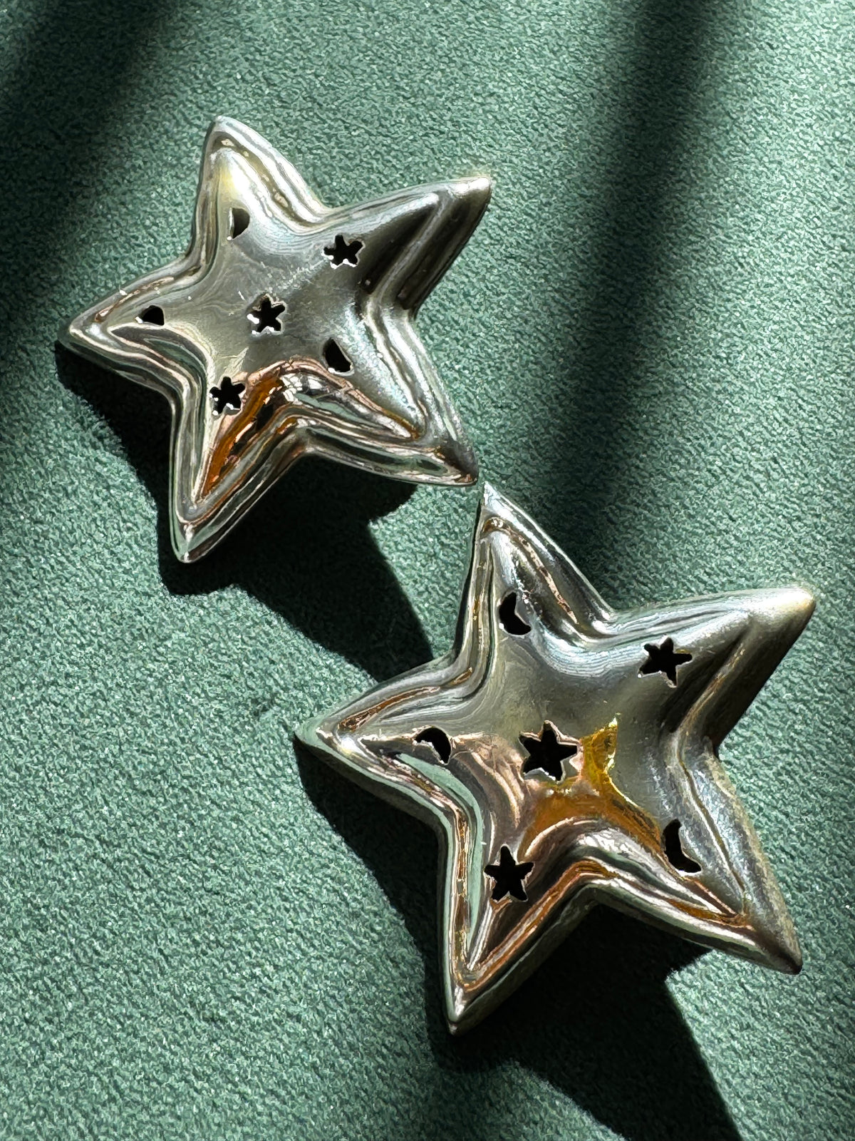 Vintage Mexico Sterling Silver Puffy Star Earrings Y2K Stars and Moons Cutout