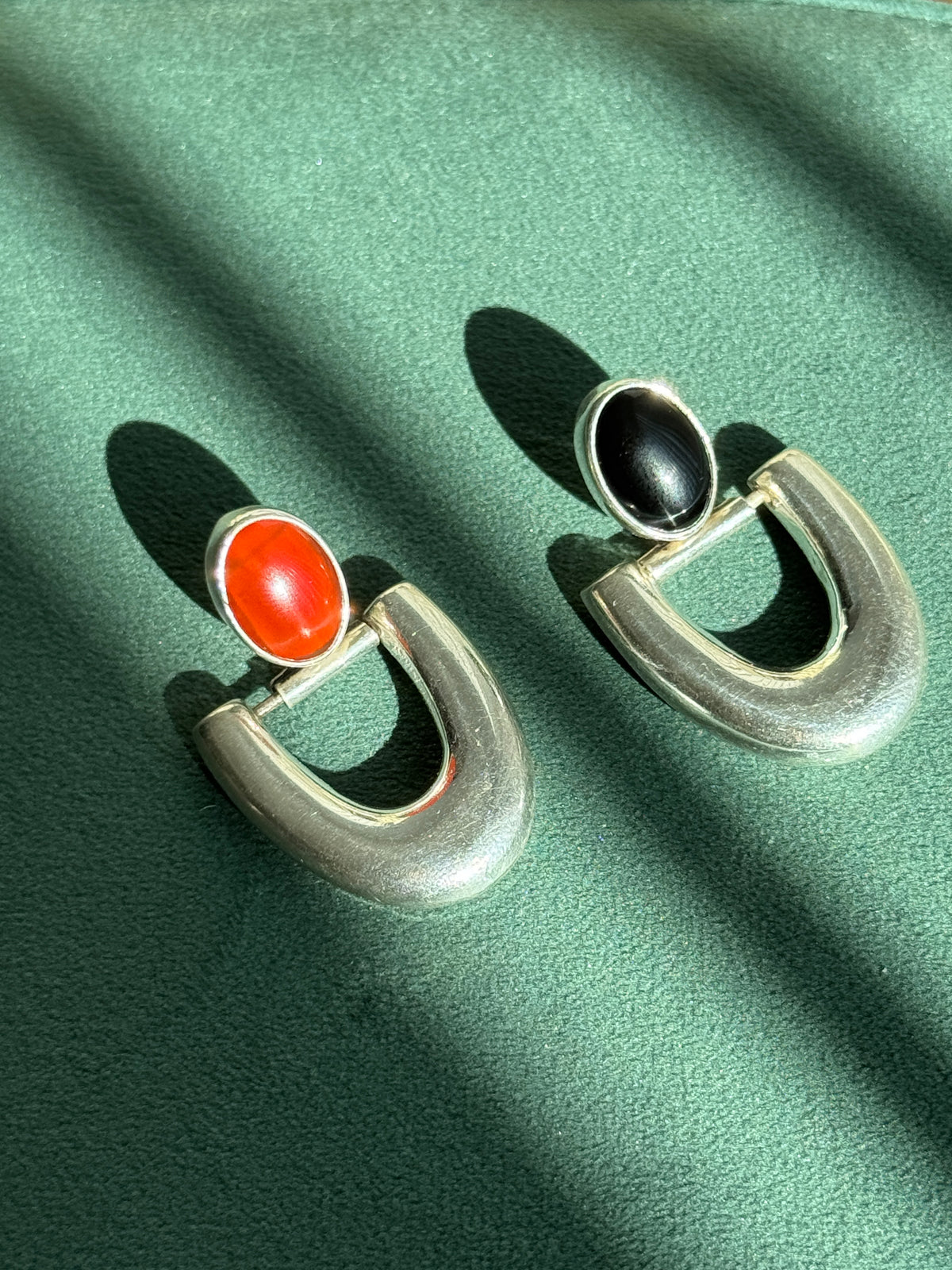Vintage Taxco Mexico Sterling Silver Asymmetric Carnelian and Onyx Dangle Earrings TM-19 925