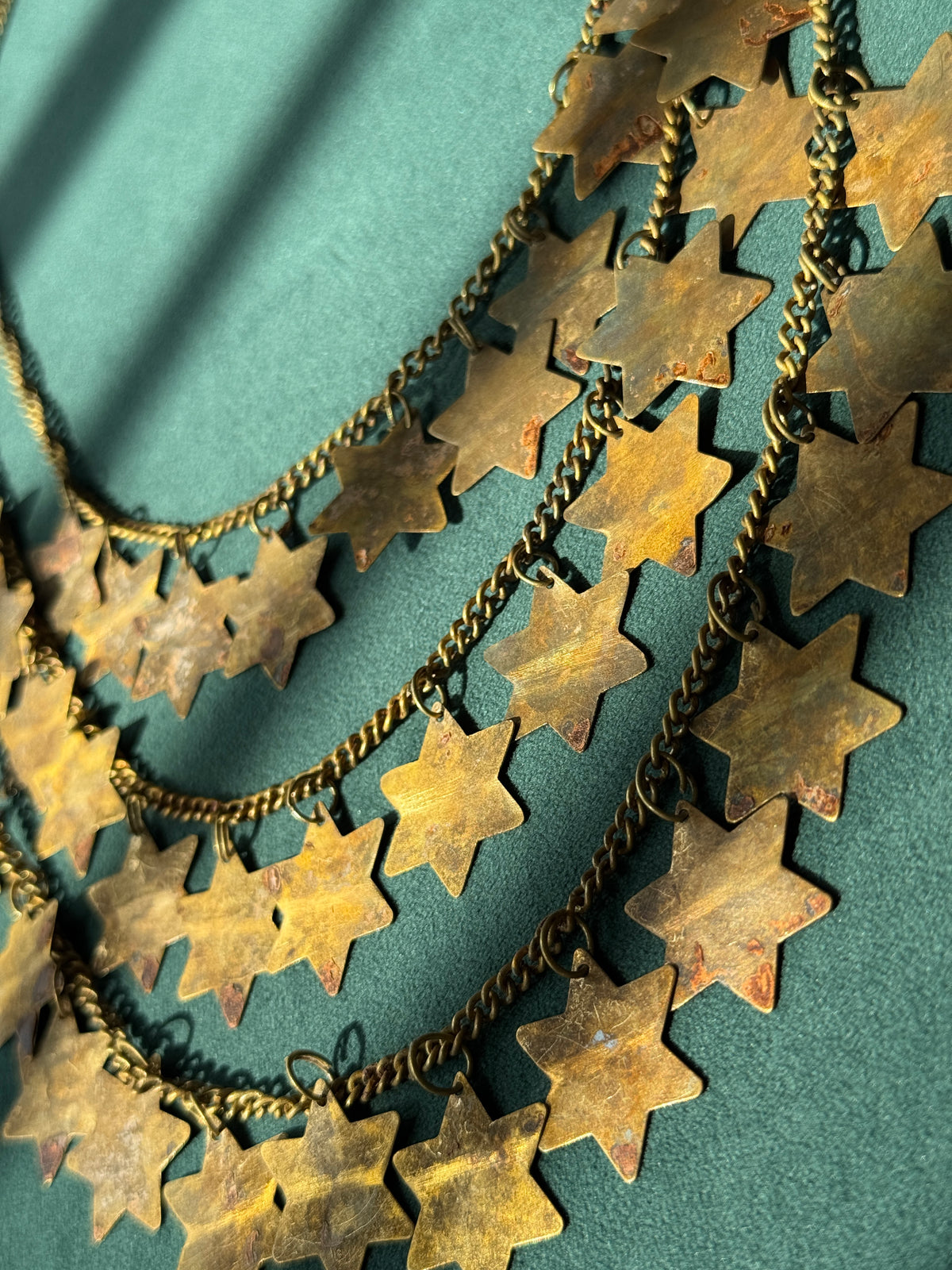 Vintage Brass Star of David Three Strand Bib Necklace Magen David Judaica 21 Inches