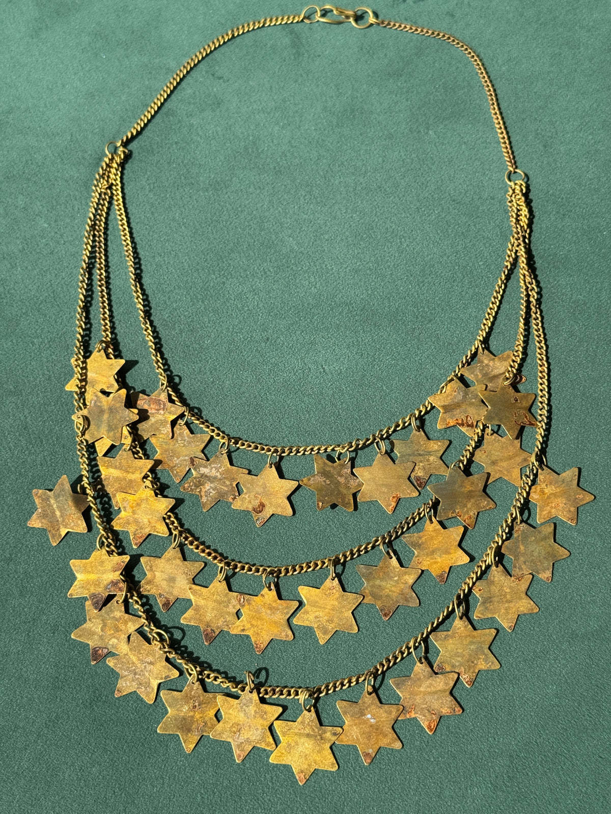 Vintage Brass Star of David Three Strand Bib Necklace Magen David Judaica 21 Inches