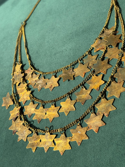 Vintage Brass Star of David Three Strand Bib Necklace Magen David Judaica 21 Inches
