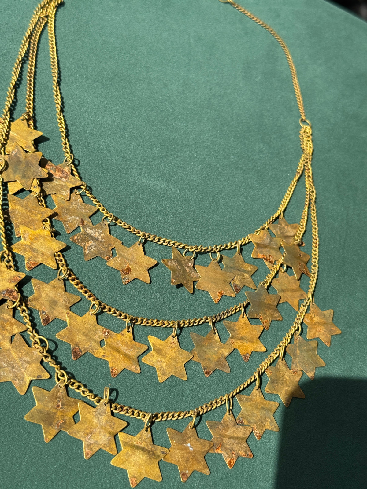 Vintage Brass Star of David Three Strand Bib Necklace Magen David Judaica 21 Inches