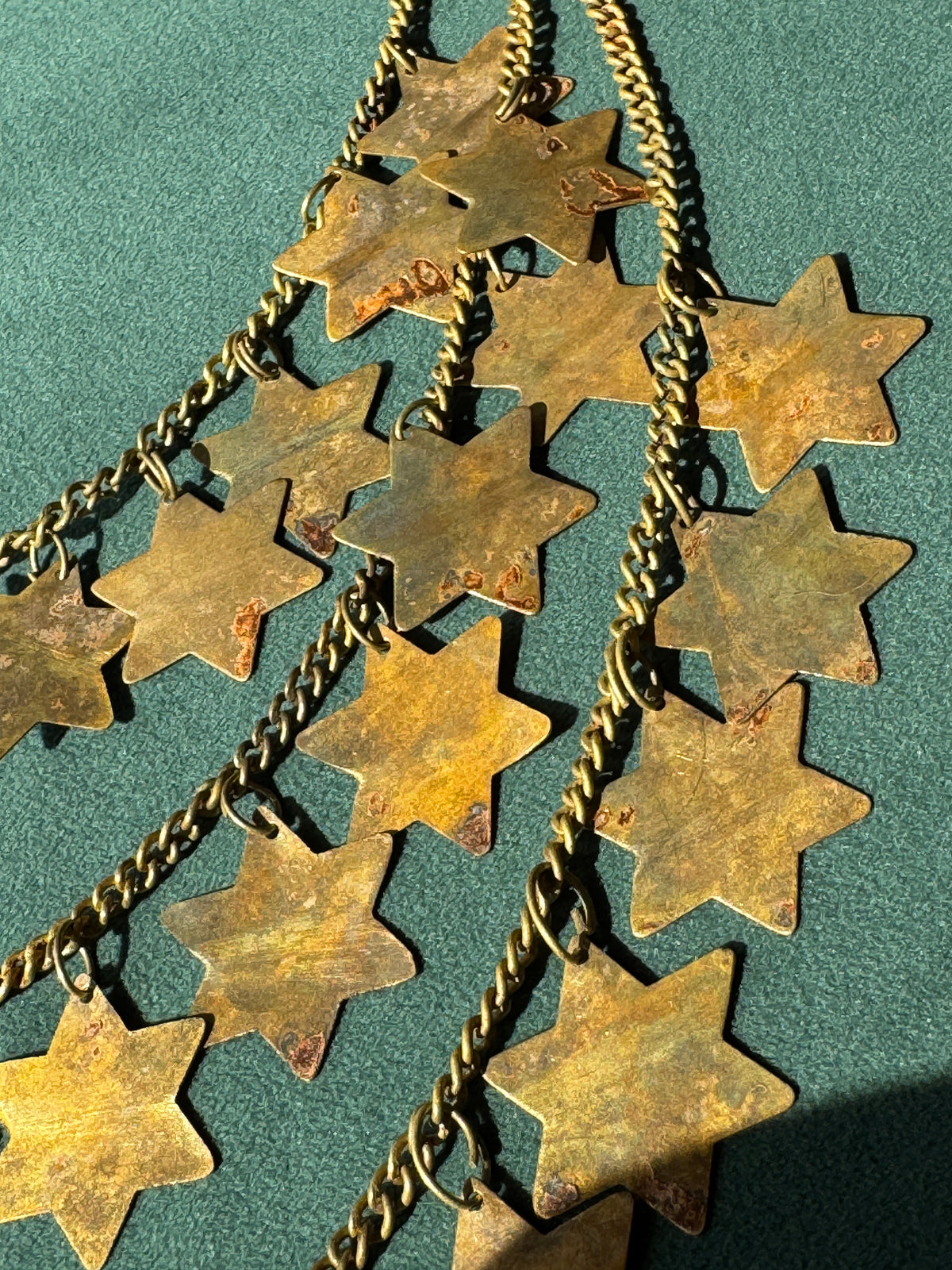 Vintage Brass Star of David Three Strand Bib Necklace Magen David Judaica 21 Inches