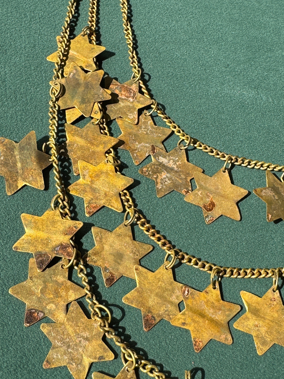 Vintage Brass Star of David Three Strand Bib Necklace Magen David Judaica 21 Inches