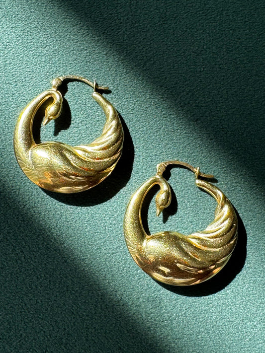 Vintage 18K Solid Yellow Gold Swan Hoop Earrings 3.5 Grams