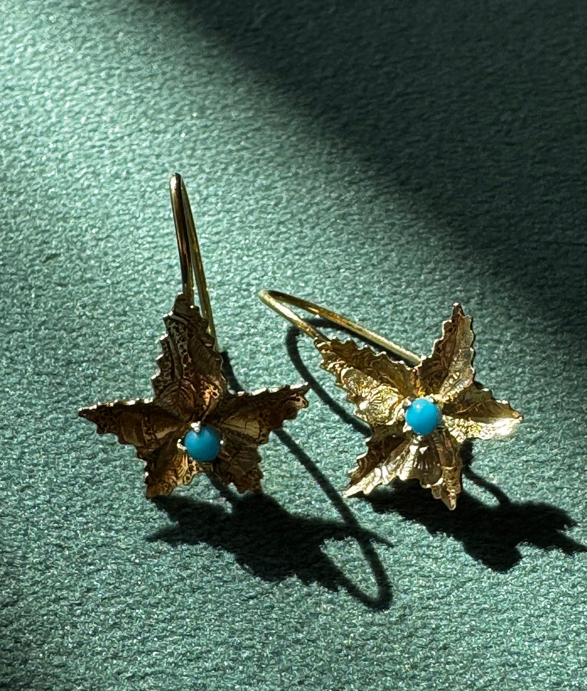 Solid Yellow Gold Starfish Earrings with Turquoise Cabochon Centers Mermaid Life on Your Ears