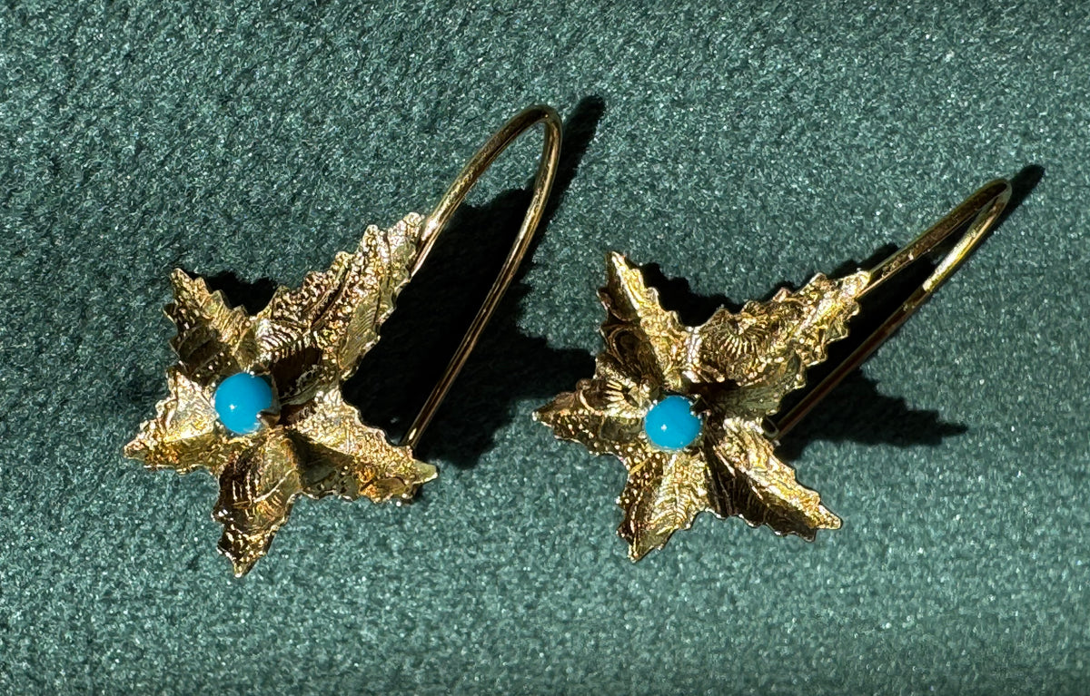 Solid Yellow Gold Starfish Earrings with Turquoise Cabochon Centers Mermaid Life on Your Ears