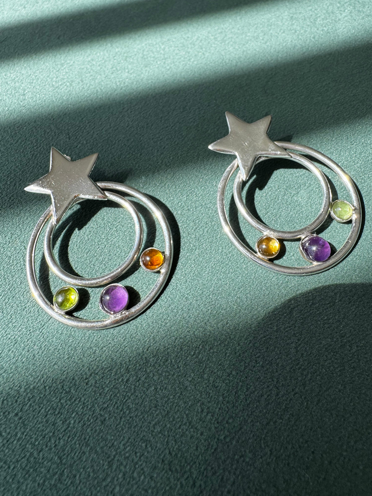Sterling Silver Shooting Star Earrings Multi Gemstone Modernist 1990s Celestial Statement Dangles Y2K Style