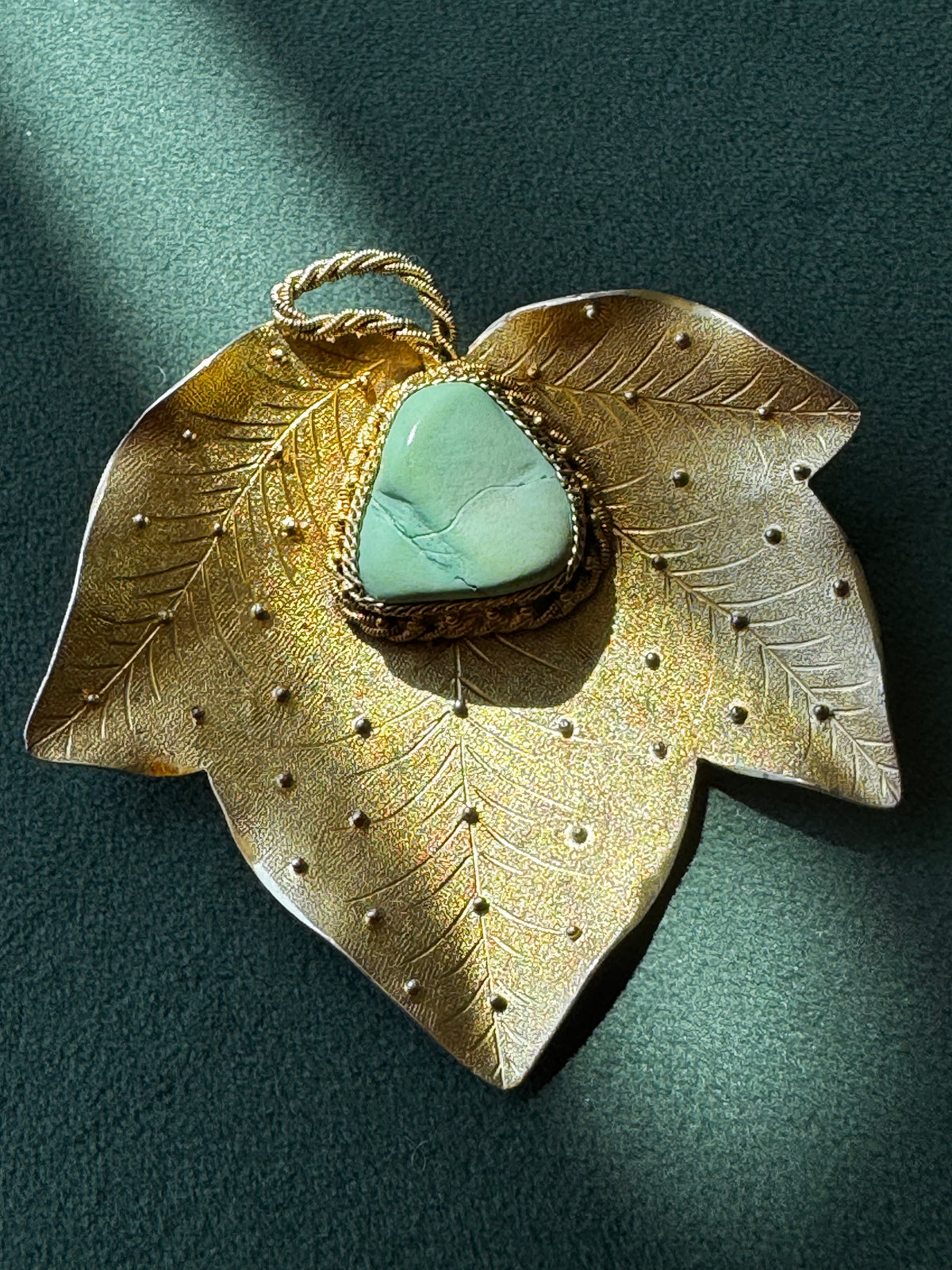 Antique Chinese Export Silver Leaf Brooch Large Turquoise Cabochon Gold Wash 41 Grams Collector Statement