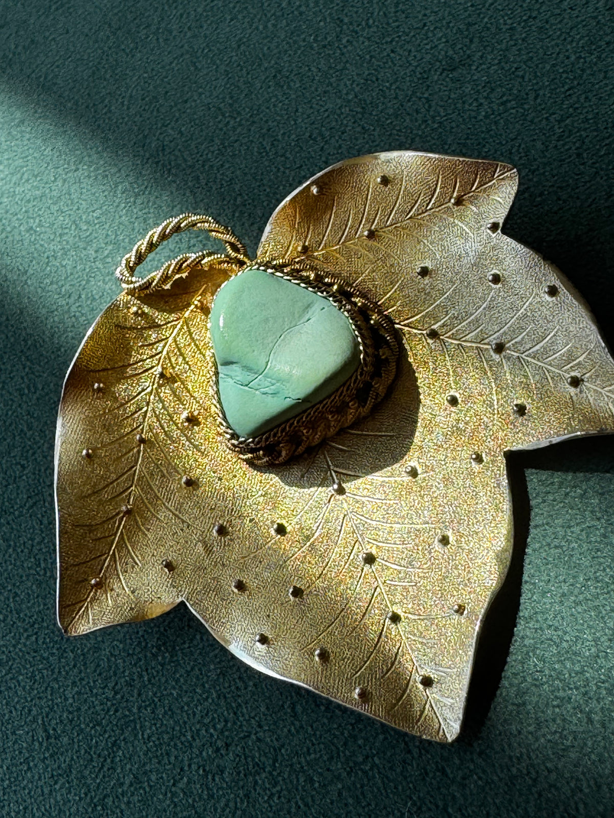 Antique Chinese Export Silver Leaf Brooch Large Turquoise Cabochon Gold Wash 41 Grams Collector Statement