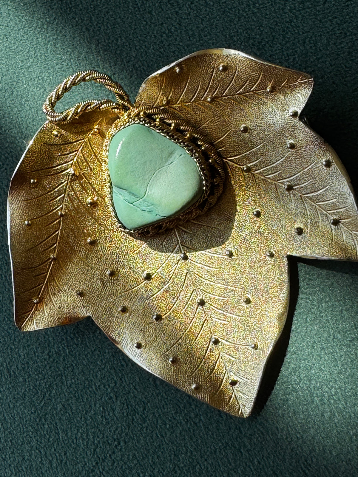 Antique Chinese Export Silver Leaf Brooch Large Turquoise Cabochon Gold Wash 41 Grams Collector Statement