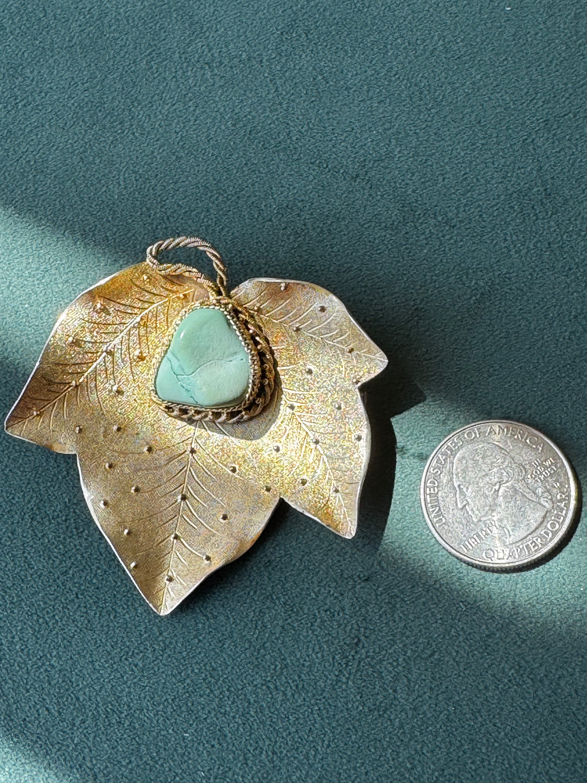 Antique Chinese Export Silver Leaf Brooch Large Turquoise Cabochon Gold Wash 41 Grams Collector Statement